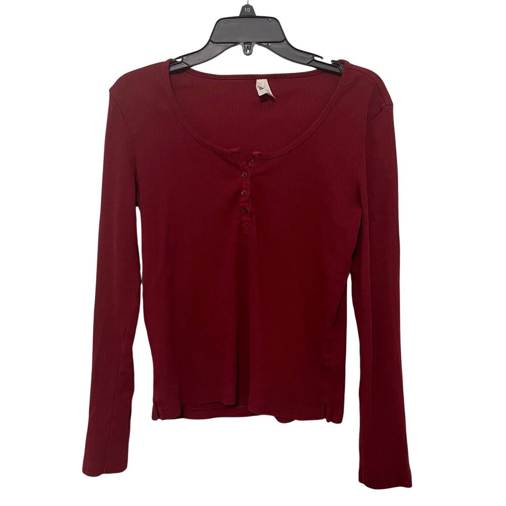 Pact Organic Cotton Henley Shirt Womens Large Burgundy Ribbed Granola Minimalist
